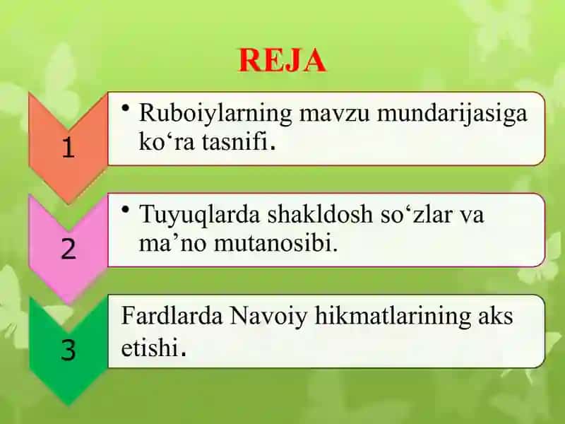 Kichik lirik janrlar sharhi: ruboiy, tuyuq va fardlarni sharhlab o‘qish 2