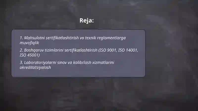 Muvofiqlikni baholash va sertifikatlashtirish ishlarini oʻz ichiga oladigan yoʻnalishlar 2