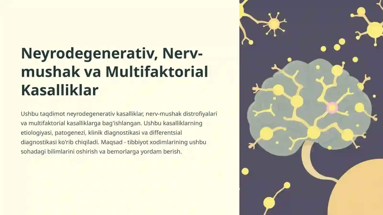 Neyrodegenerativ kasalliklar (Alsgeymer, parkinson kasalliklari, Gentington xoreyasi) etiologiyasi, patogenezi,klinika diagnostikasi,Diffrensial diagnostikasi. Nerv mushak distrofiyalari Miopatiyalar (Dyushen, Erba Rota, Landuzi Djerina, Bekker) Multifaktorial kasalliklar, etiologiya, patogenez, diffrensial diagnostikasi 2