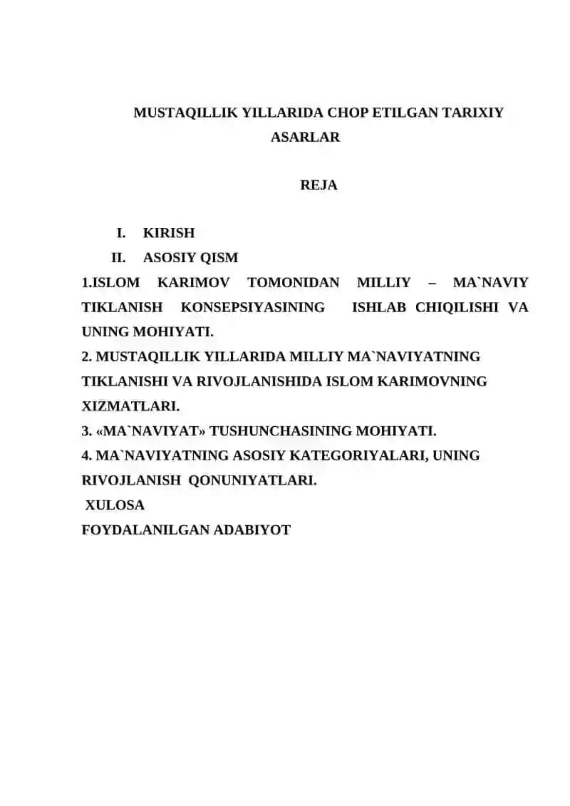 MUSTAQILLIK YILLARIDA CHOP ETILGAN TARIXIY ASARLAR REJA 2