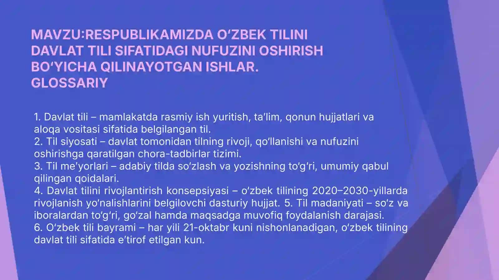 O‘ZBEK TILINI DAVLAT TILI SIFATIDAGI NUFUZINI OSHIRISH BO‘YICHA QILINAYOTGAN ISHLAR 2