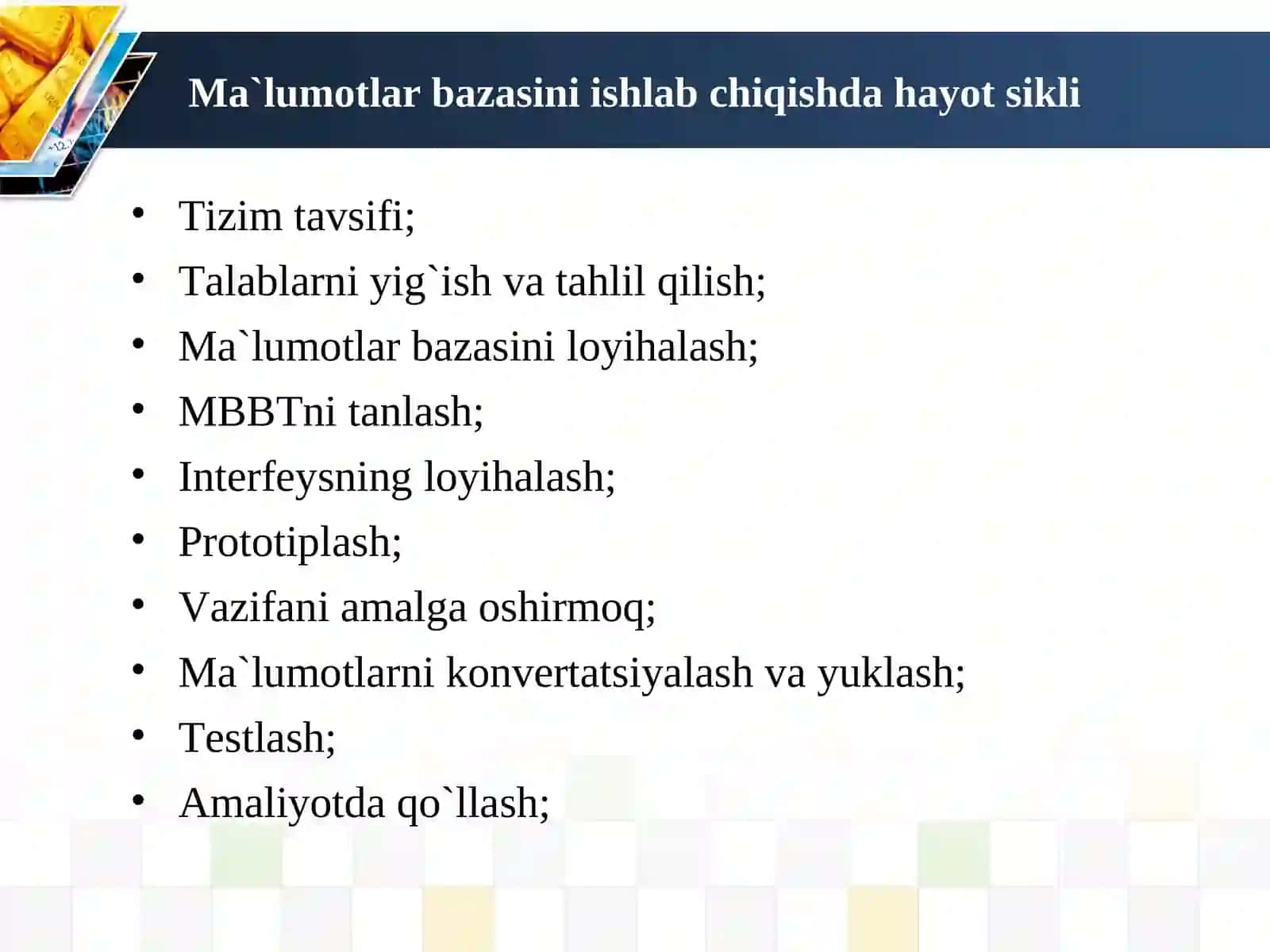 Ma`lumotlar bazasini rejalashtirish, loyihalash, boshqarish (administratorlash) 2