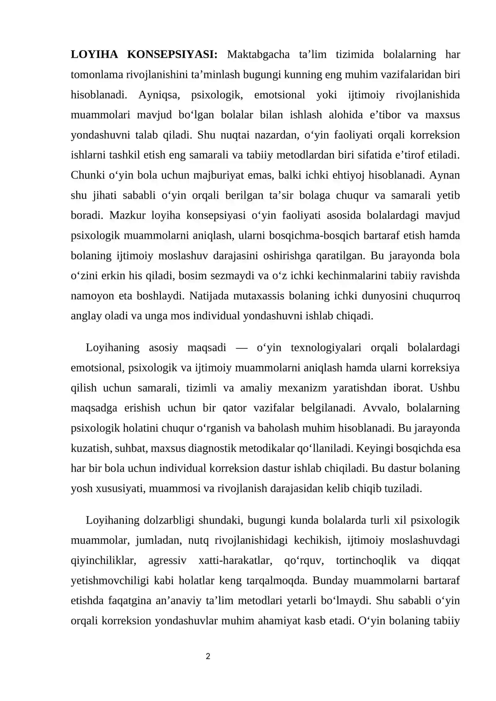 Loyiha “O‘yin orqali korreksion ishni tashkil etish” 2