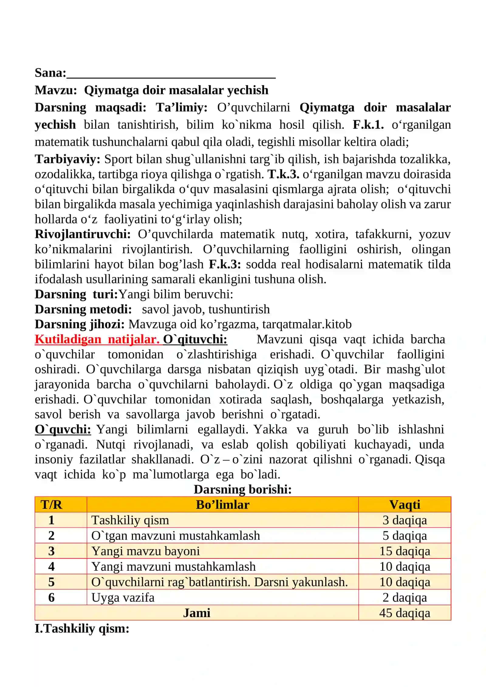 Qiymatga doir masalalar yechish mavzusida 3-sinf Matematika fanidan dars ishlanmasi 2