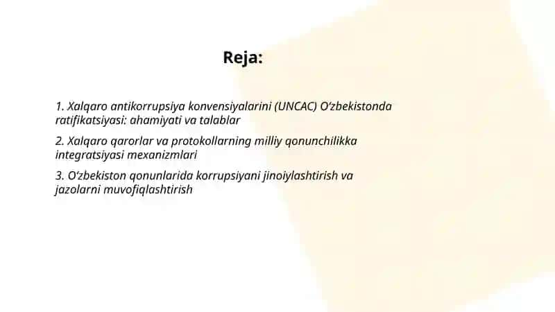 Korrupsiyaga qarshi kurash boʻyicha xalqaro qonunlar va qarorlarning Oʻzbekistonda ratifikatsiya qilishning ahamiyati, iqtisodiy-siyosiy va ijtimoiy huquqiy mexanizmlari 2