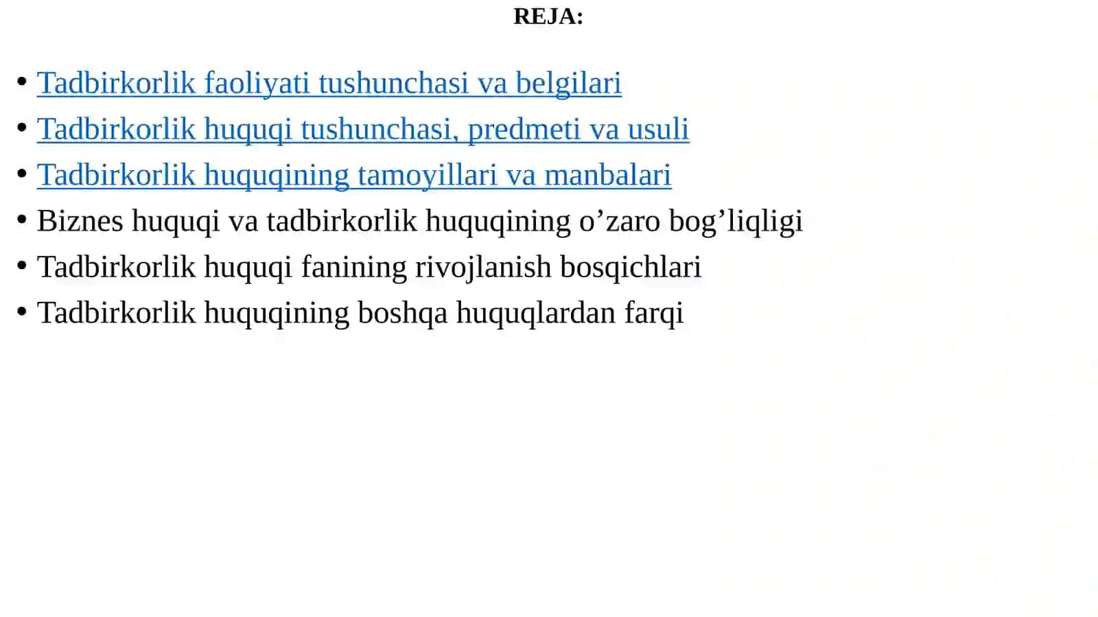 BIZNES HUQUQIGA KIRISH. BIZNES HUQUQINING O’ZIGA XOS XUSUSIYATLARI 2