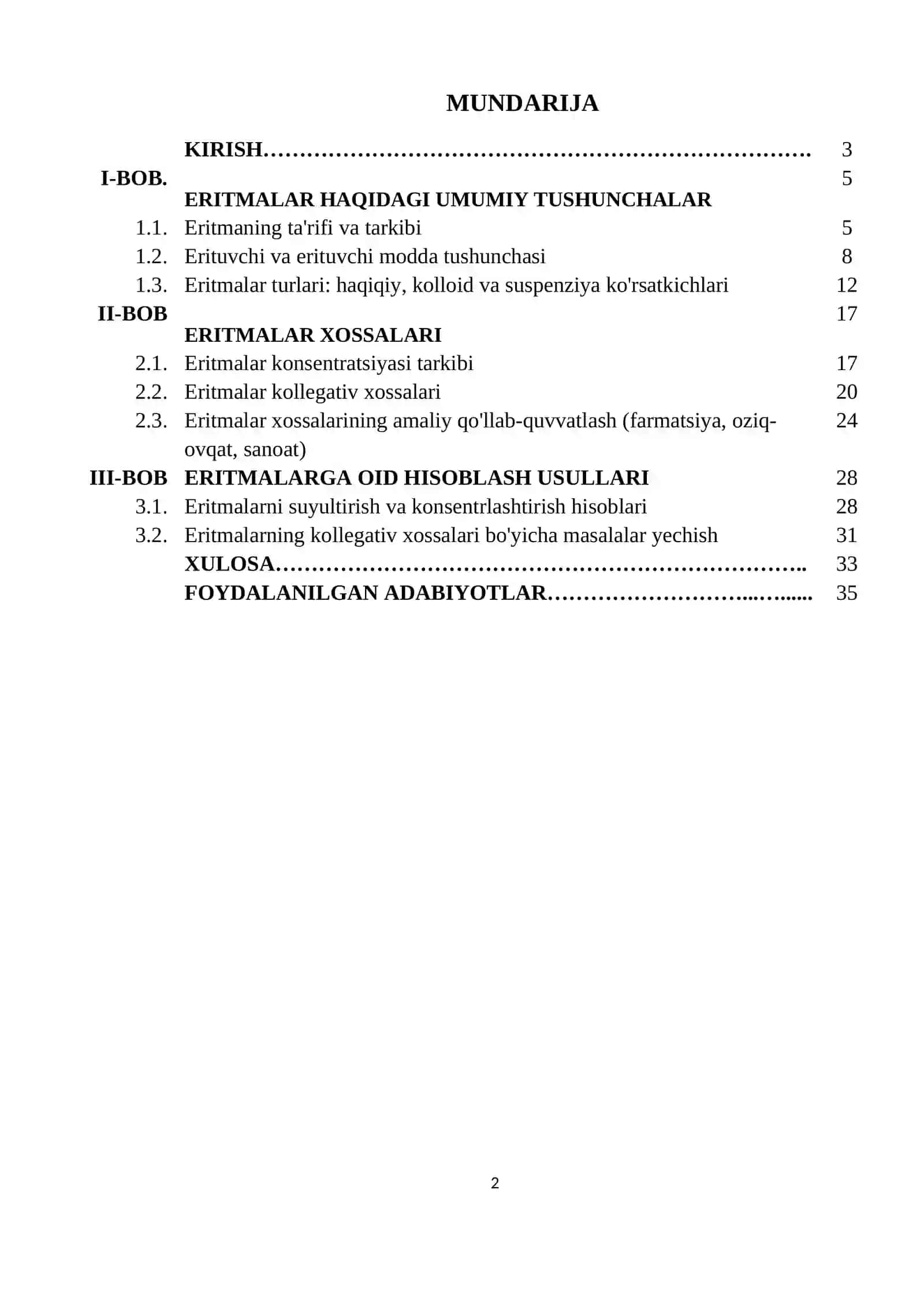 KURS ISHI "Eritmalar va ularning xossalari hamda ularga oid hisoblashlar" 2