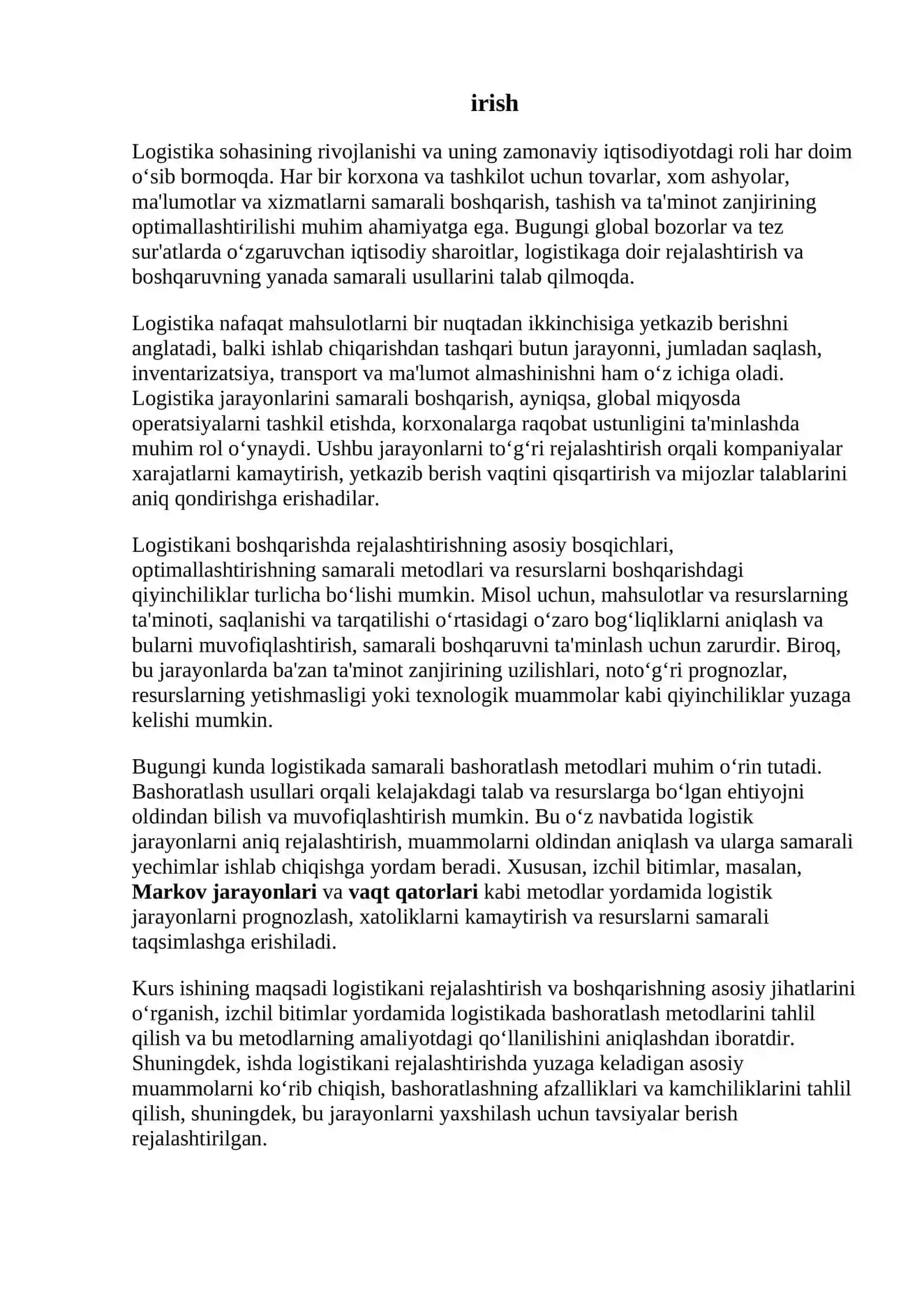 Logistikani rejalashtirish va boshqarish 2