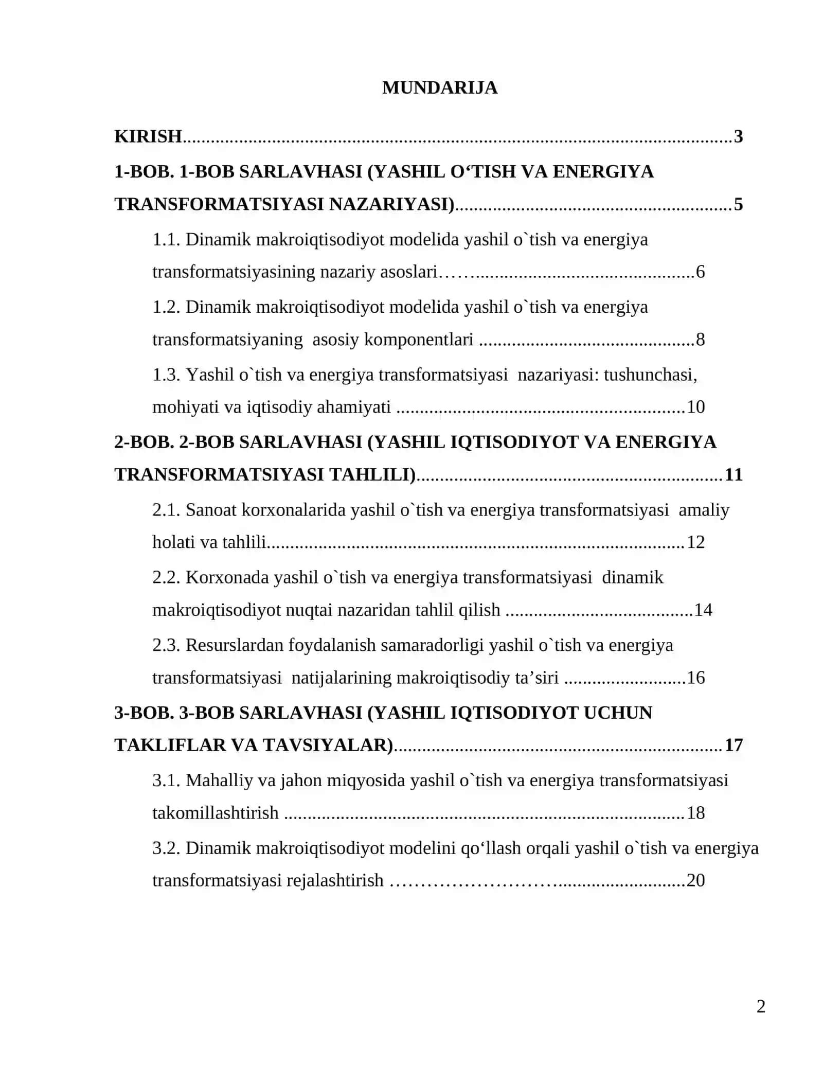 YASHIL O‘TISH VA ENERGIYA TRANSFORMATSIYASINING DINAMIK MAKROIQTISODIY MODELLARI FANIDAN KURS ISHI 2