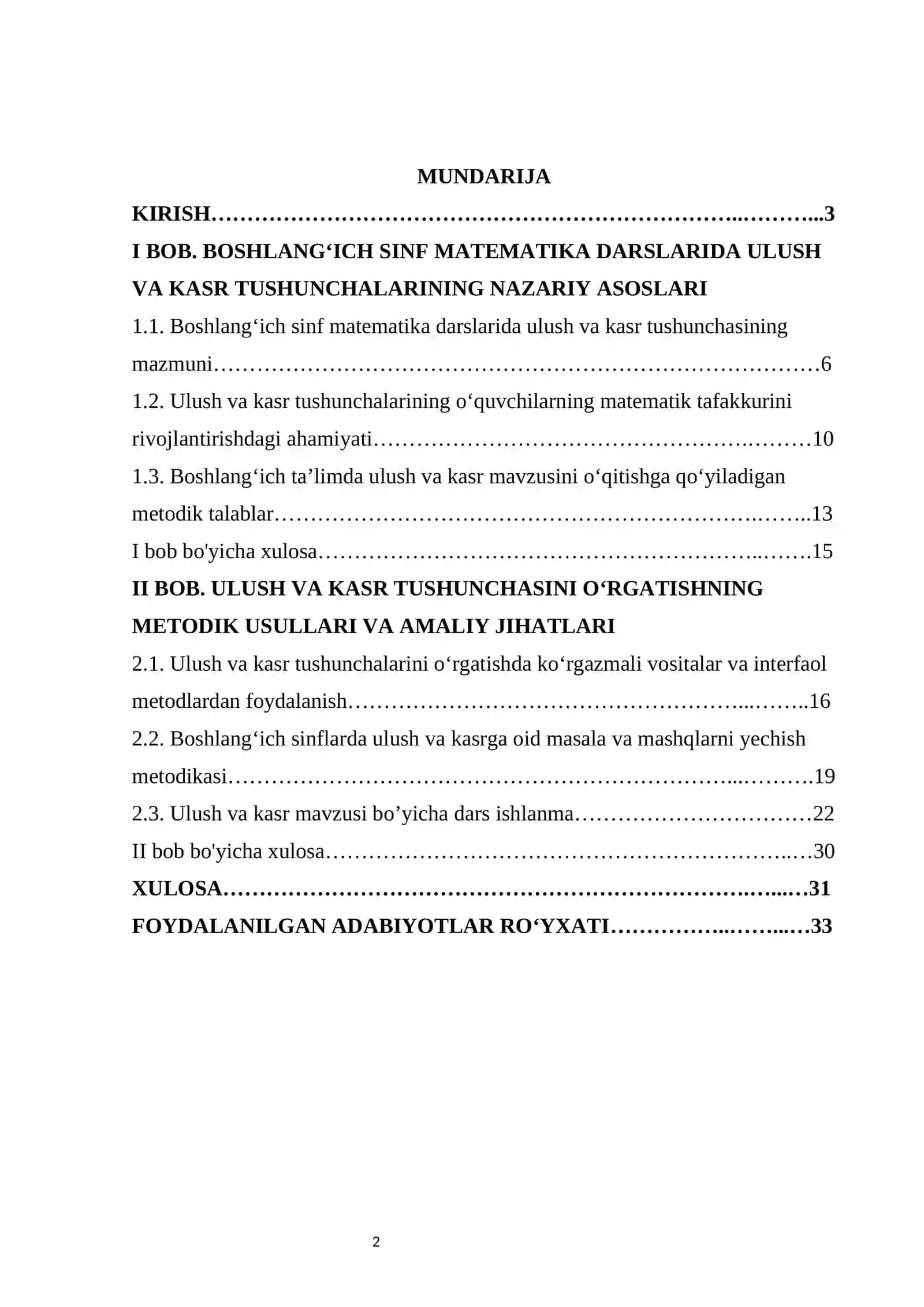 Ulush va kasr tushunchasini o’rgatish metodikasi kurs ishi 2