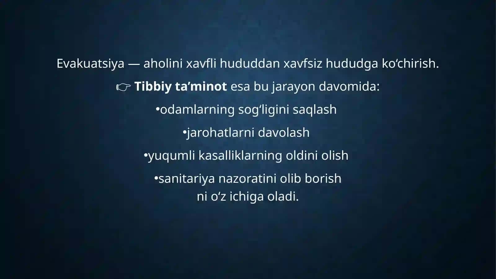 Favqulodda vaziyatlar xavfi tug'ilganda va sodir bo'lganda aholini evakuaciyalashni tibbiy ta'minlash 2