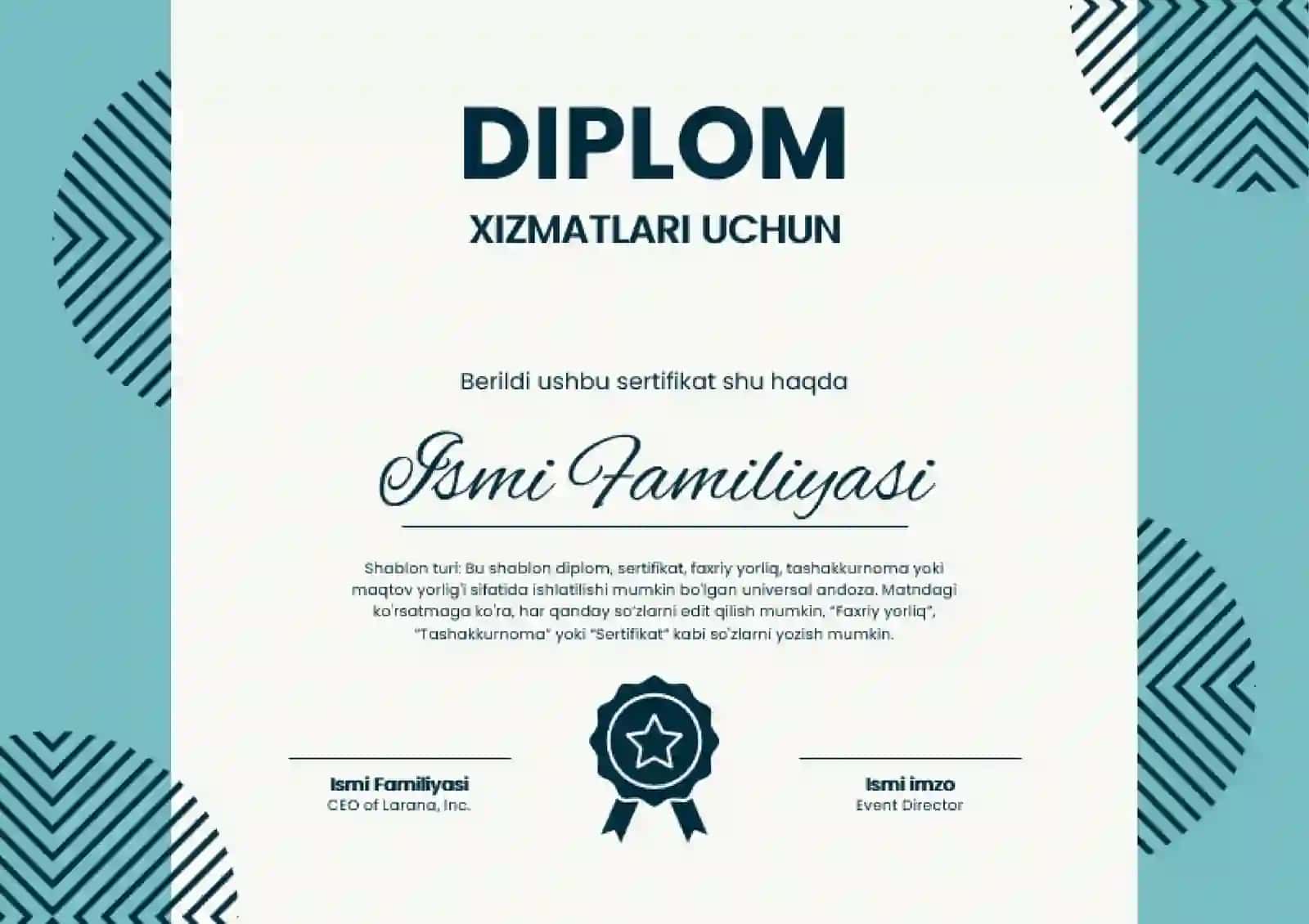 Shablon diplom, sertifikat, faxriy yorliq, tashakkurnoma yoki maqtov yorlig'i 2