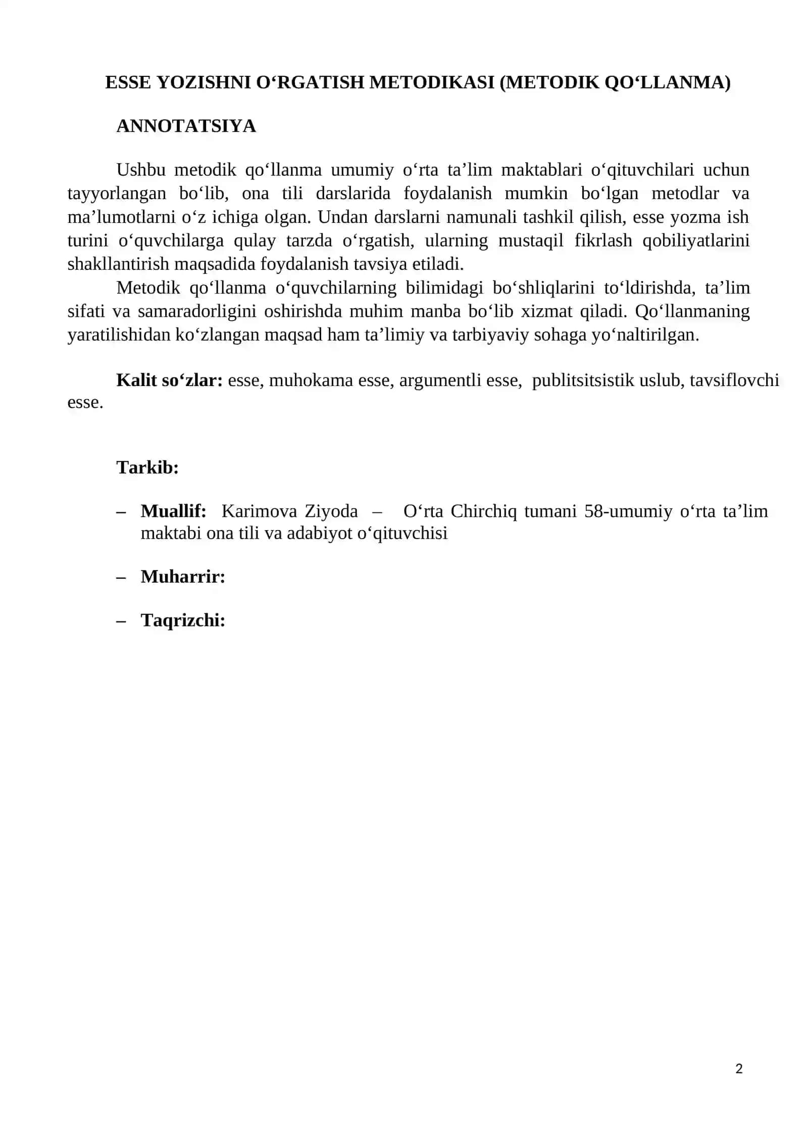Esse yozishni o‘rgatish metodikasi 2
