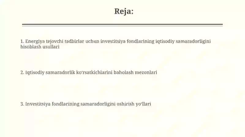 Energiya tejovchi tadbirlarga investitsiya fondlarining iqtisodiy samaradorligini hisoblash 2