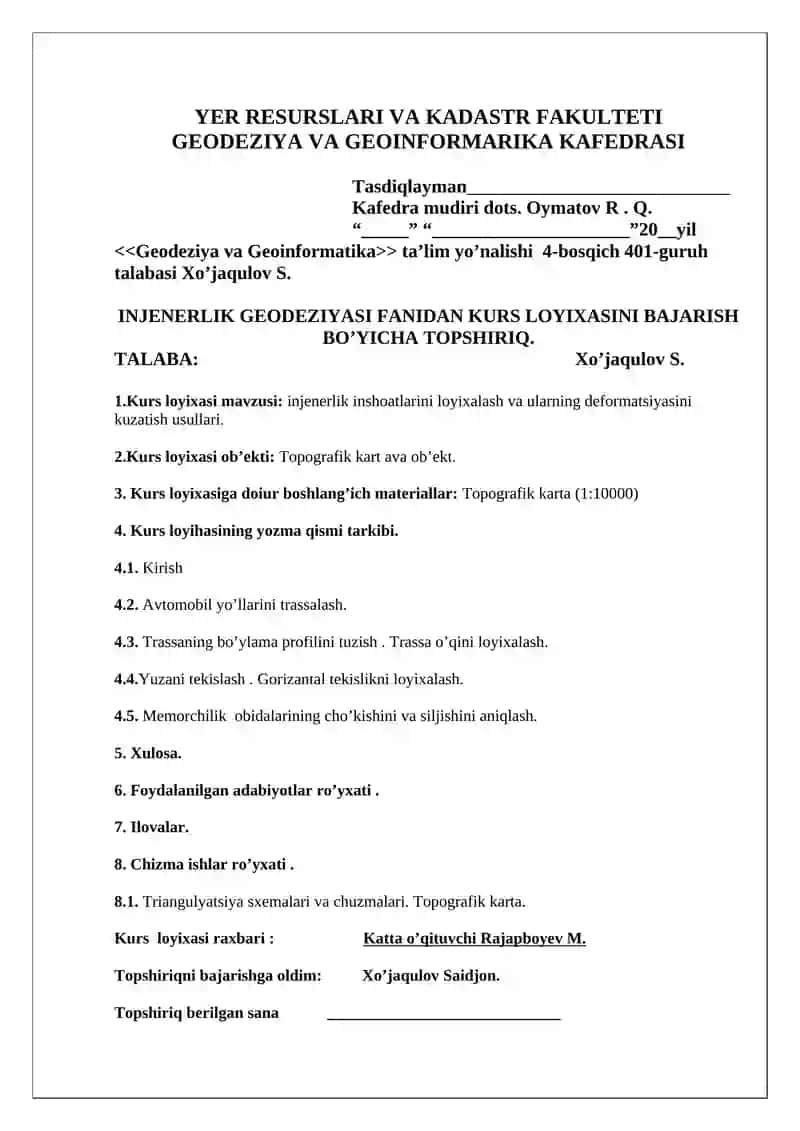 Topografik kartada injenerlik inshoatlarini loyixalash va ularning deformatsiyasini kuzatish 2