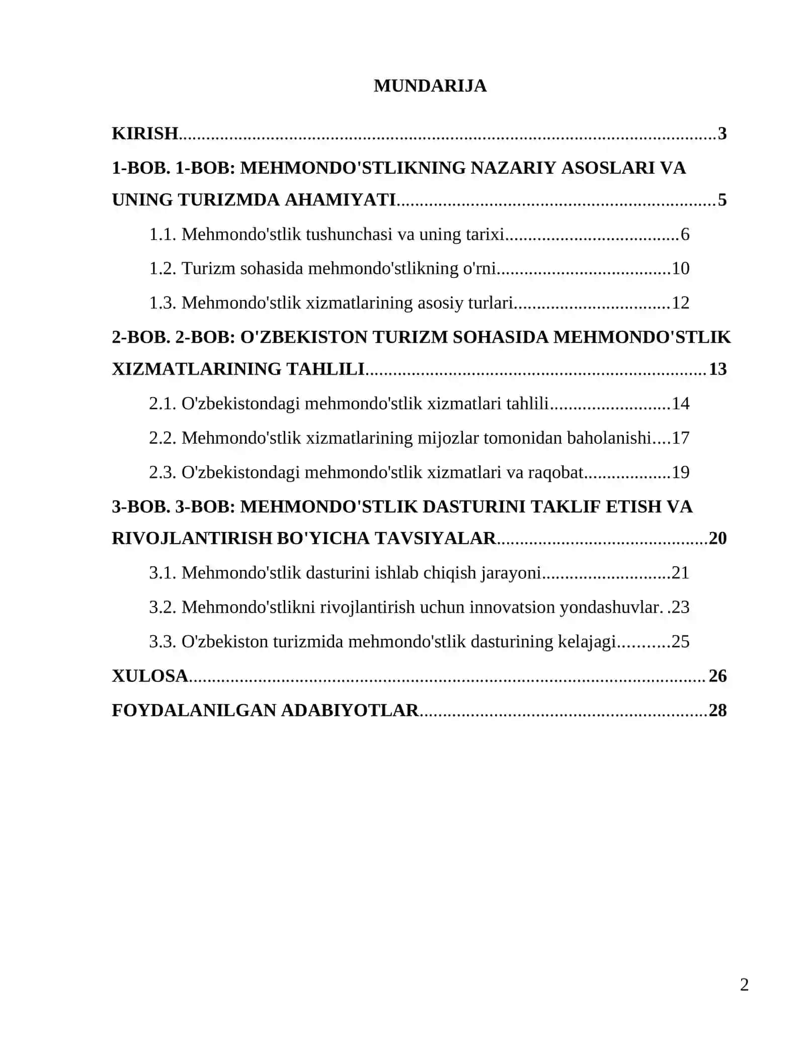 "Turizm xizmatida mehmondo'stlik dasturini ishlab chiqish" 2
