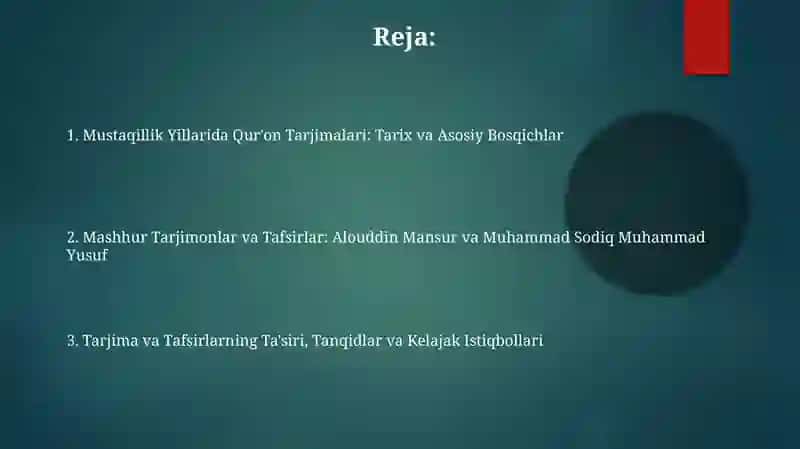 Mustaqillik yillarida Qur'onning oʻzbek tiliga tarjima qilinishi va tafsirlari haqida 2