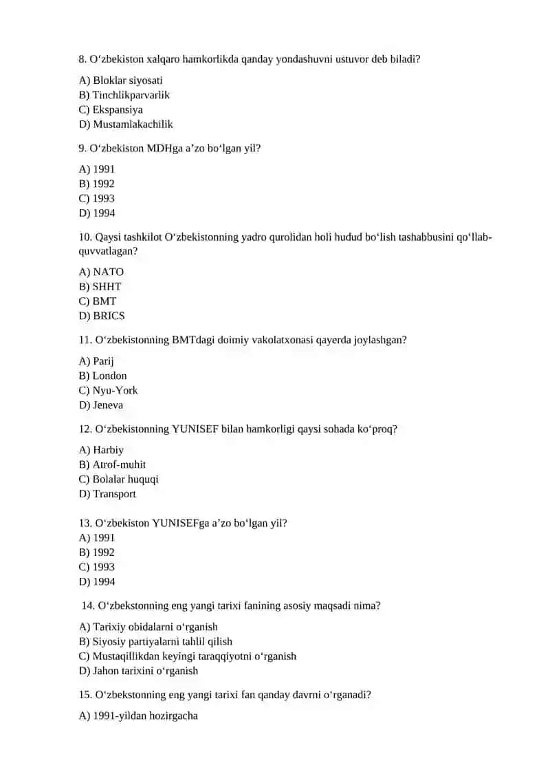 O‘zbekistonning eng yangi tarixidan Test 2