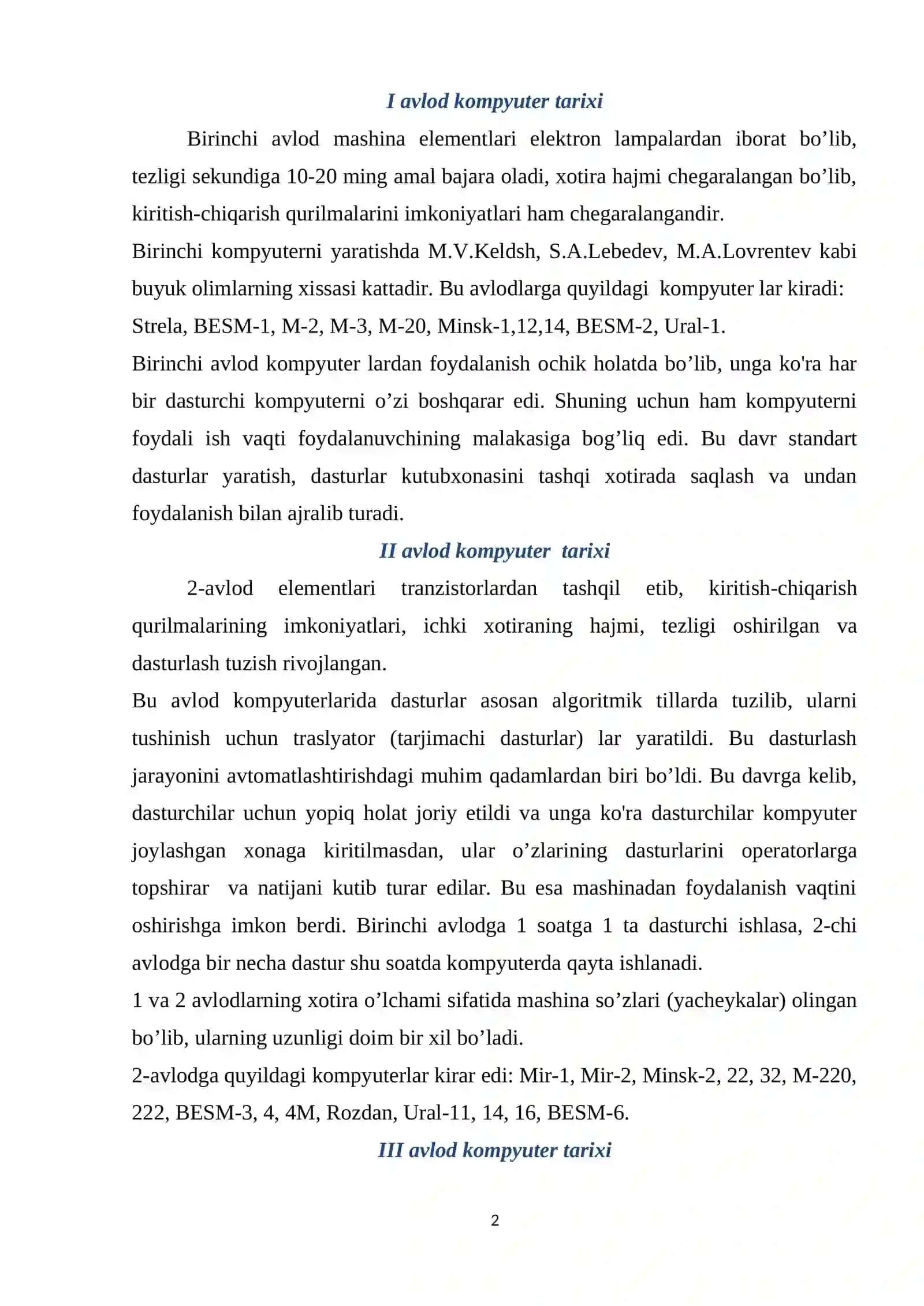 KOMPYUTERNING RIVOJLANISH TARIXI, UNING AVLODLARI VA QURILMALARI 2