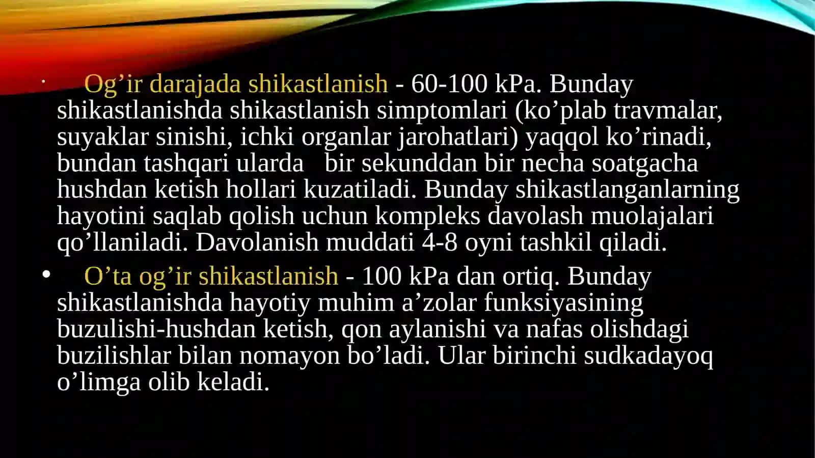 To`lqin zarbi jabrlanish zonalari tasnifi.yorug`lik ajralishi. O`tuvchi nurlar 2
