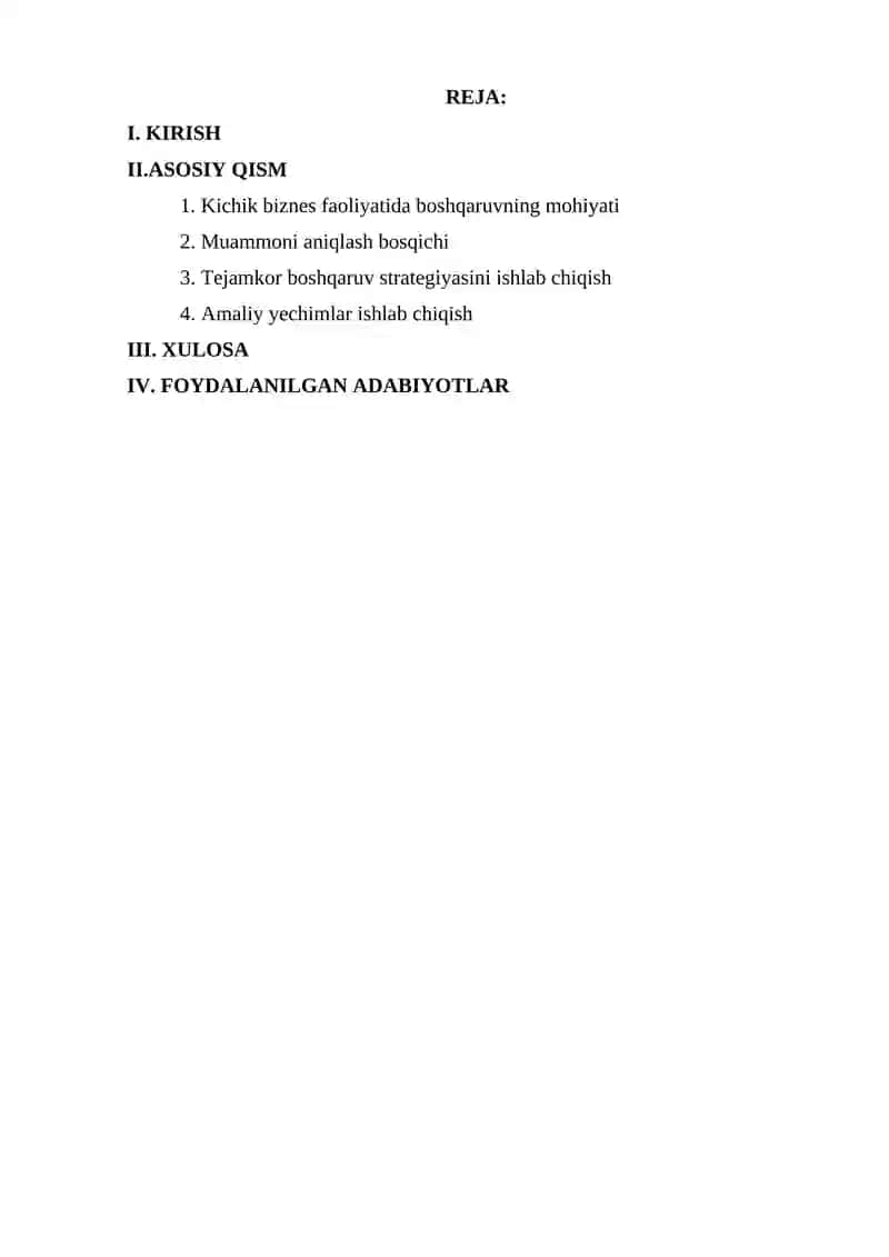 Kichik biznes uchun tejamkor boshqaruv strategiyasini ishlab chiqish muommoni aniqlash va aniq yechimlar ishlab chiqish 2