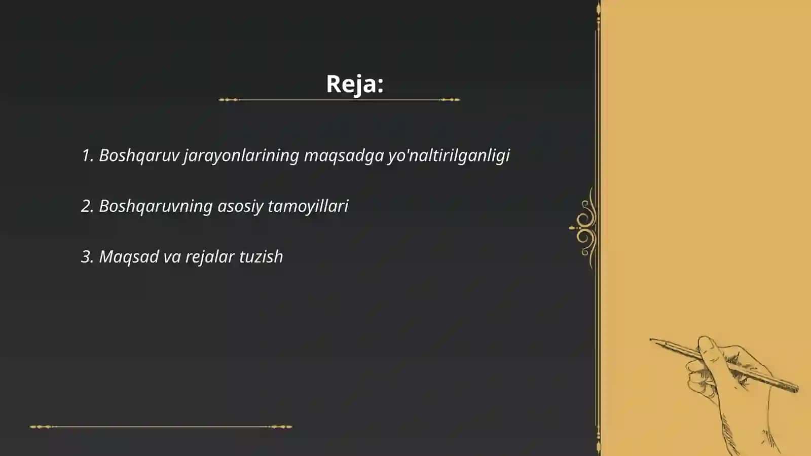 Boshqaruv – maqsadli yo’naltirilgan jarayon. Boshqarishning tamoyillari va funktsiyalari 2