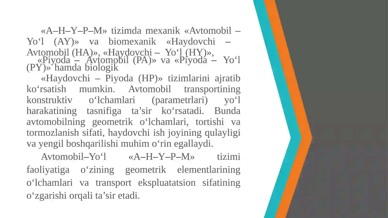 AVTOMOBIL BOSHQARUV ORGANLARI.AVTOMOBIL-HAYDOVCHI-PIYODA-YO‘L-MUXIT TIZIMI 2