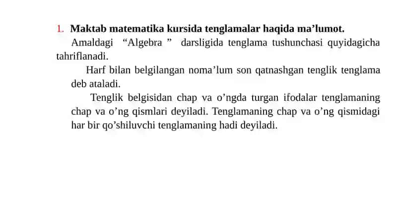 Maktab matematika kursida tenglamalar va tengsizliklar haqida ta’limot 2