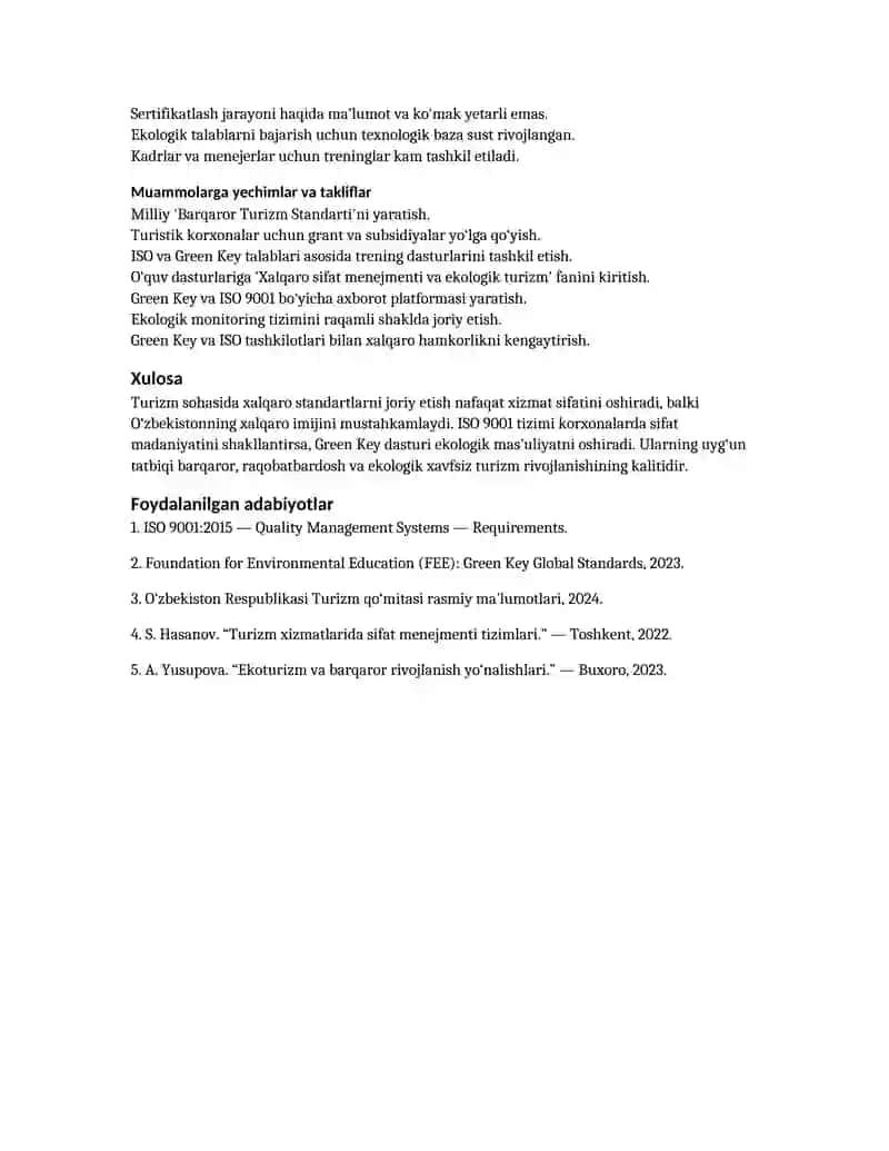 Turizm xizmatlarida ISO 9001 va Green Key xalqaro standartlarini joriy etish 2