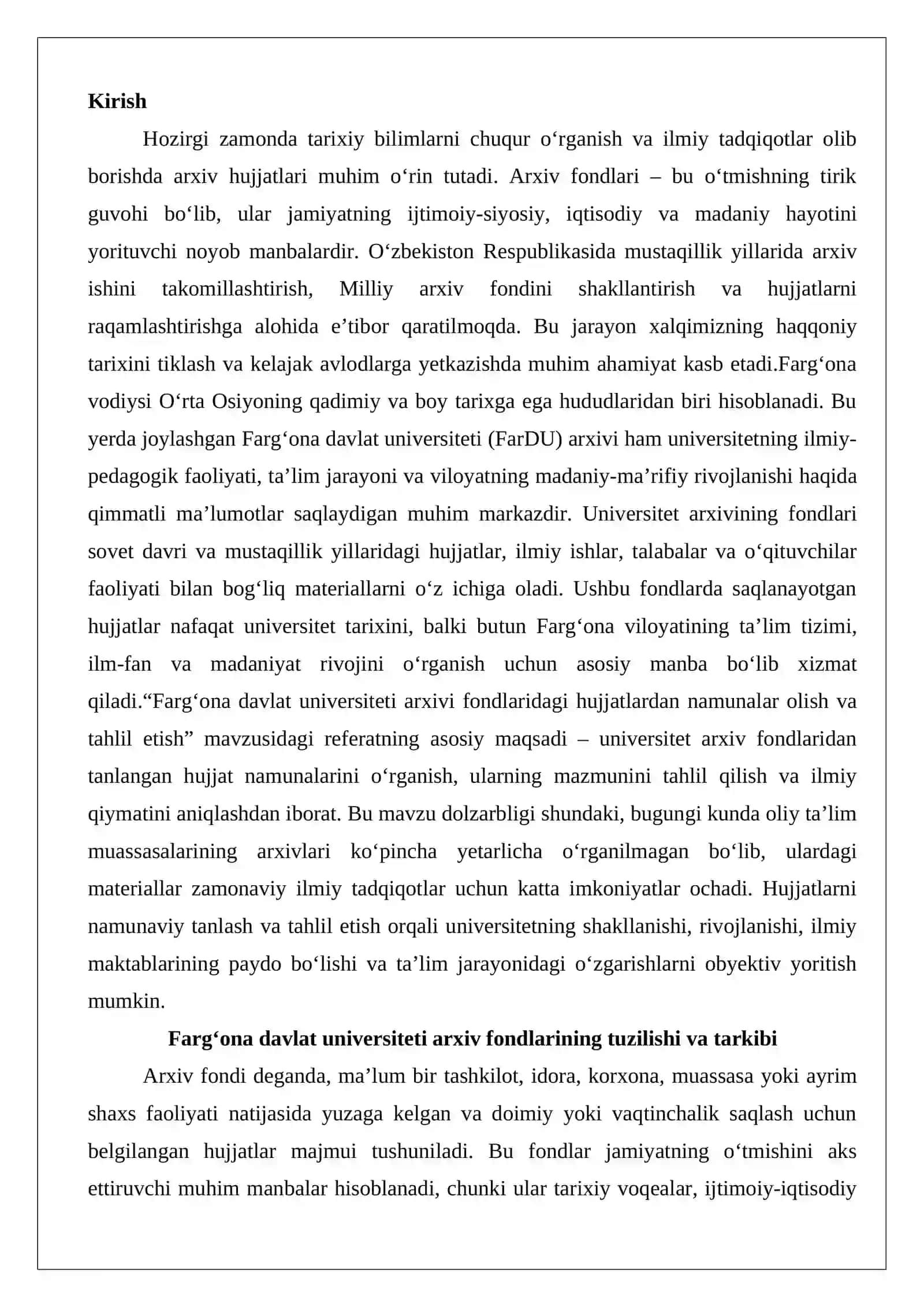 Farg’ona davlat Universiteti arxivi fondlaridagi hujjatlardan namunalar olish va tahlil 2