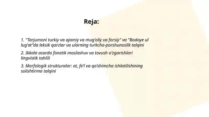 "Tarjumoni turkiy va ajamiy va mug'oliy va forsiy" "Bodoye ul lug'at" asarlarida lingvistik talqinlar 2