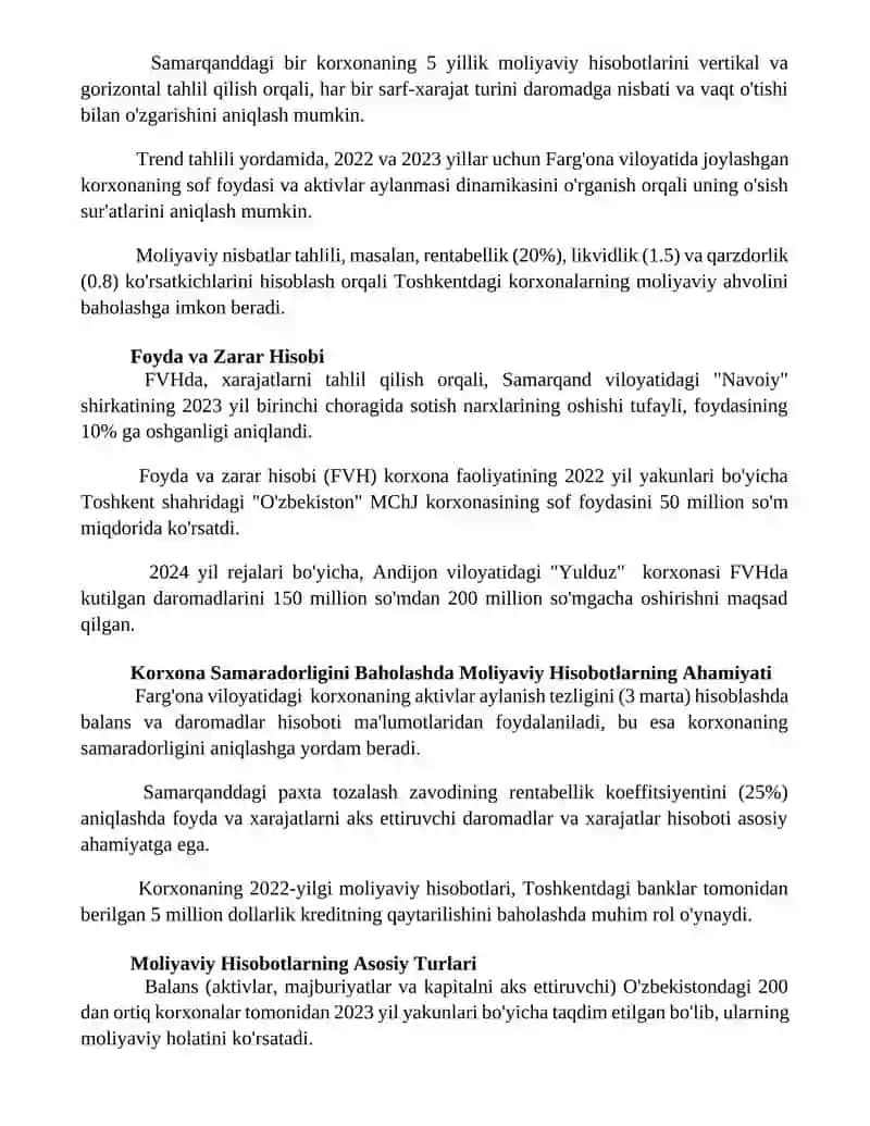 Moliyaviy hisobotlar va ularning korxona faoliyatini baxolashda tutgan o’rni 2
