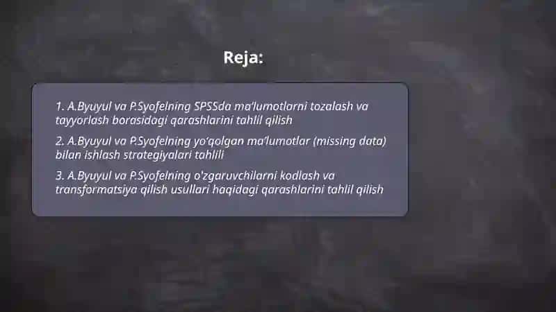SPSSda maʼlumotlarni qayta ishlash sanʼati boʻyicha A.Byuyul va P.Syofelning qarashlarini tahlil qilish 2