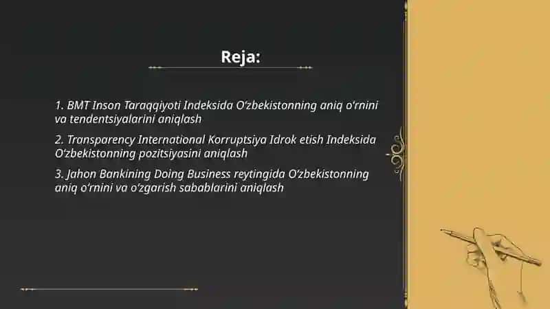 Oʻzbekistonning Xalqaro reyting va indekslardagi aniq oʻrnini aniqlash 2