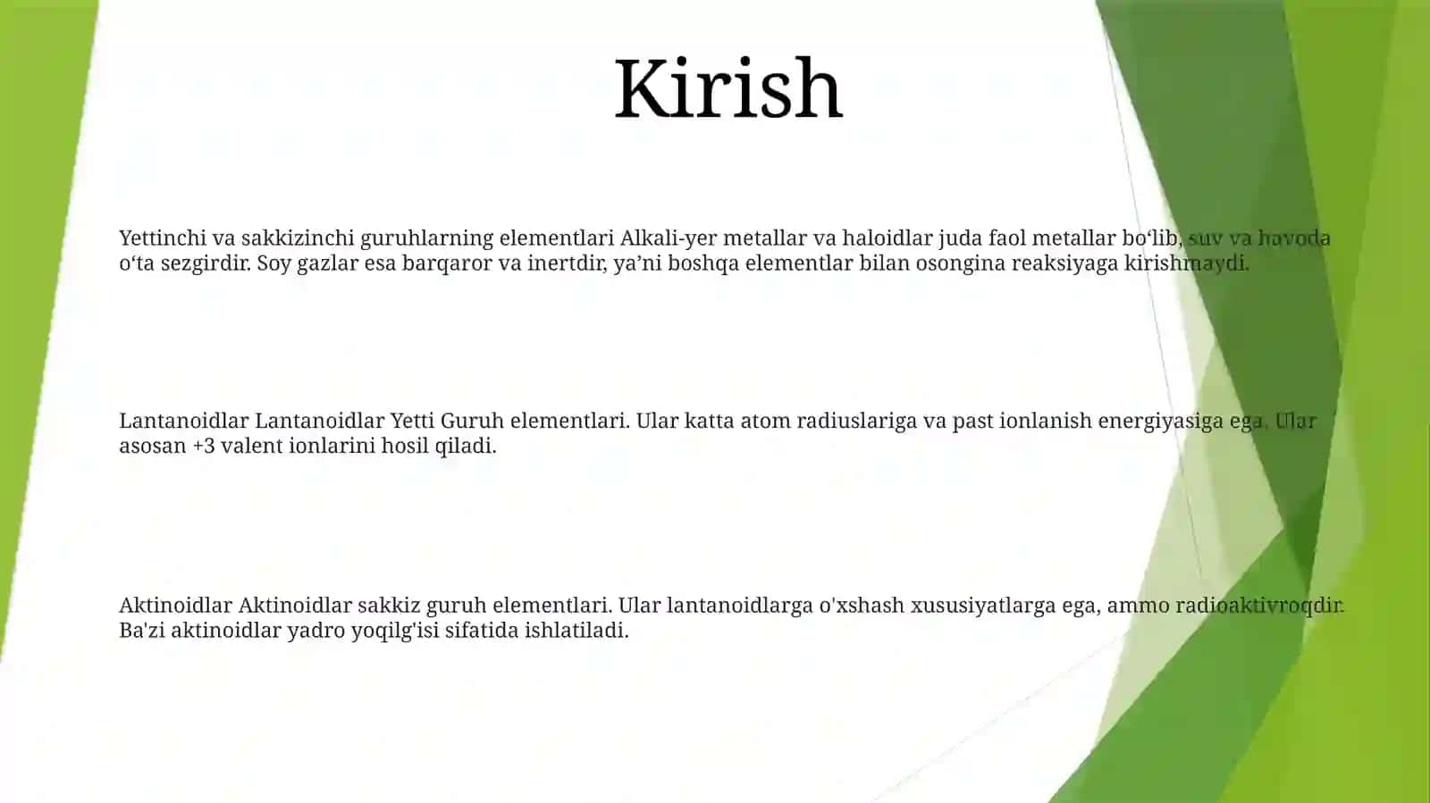 Yettinch va sakkizinch Guruh D Elementlarining Xossalari Lantanoidlar va Aktinoidlar 2