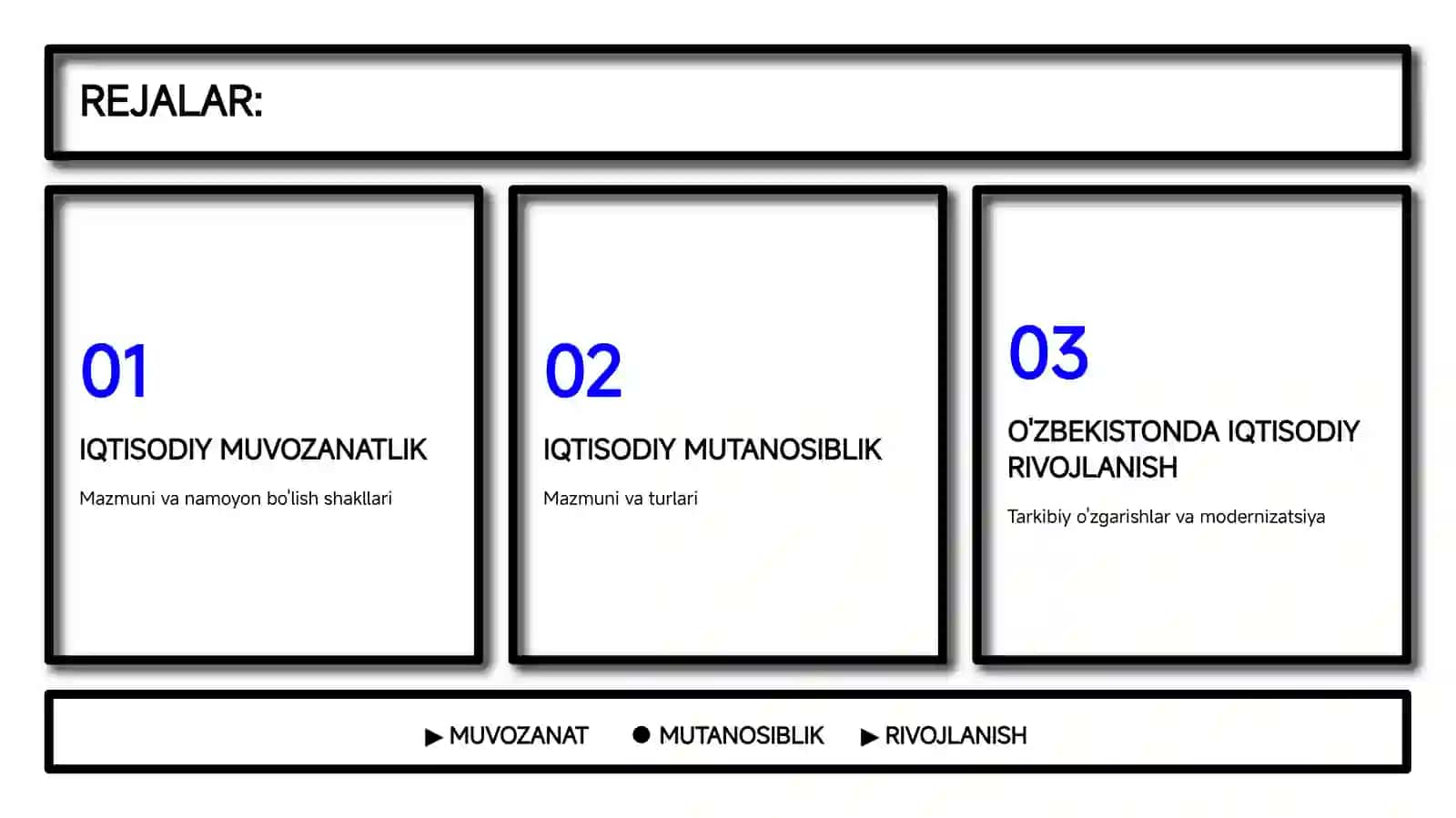 MILLIY IQTISODIYOTNING MUVOZANATLI VA MUTANOSIBLI RIVOJLANISHI IQTISODIYOT NAZARIYASI AMALIYOTCHI SH.A.SHIRINOVA 2