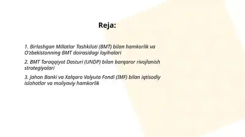 O‘zbekistonning xalqaro tashkilotlar bilan hamkorlik aloqalari 2