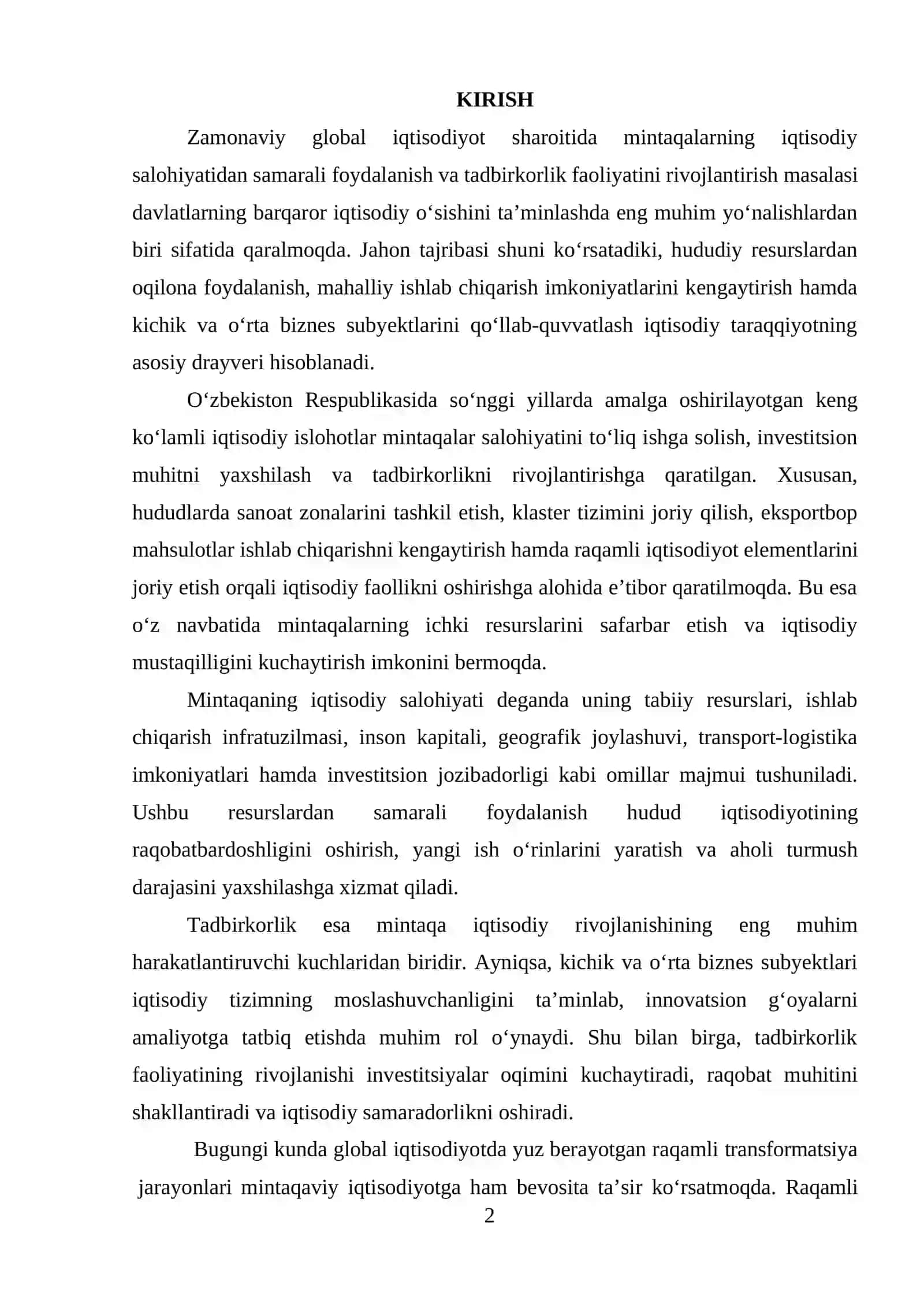 Mintaqaning iqtisodiy salohiyatidan samarali foydalanish va tadbirkorlikni rivojlanish istiqbollari 2