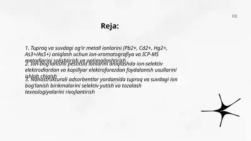 Tuproq va suvning ifloslanishida ion bogʻlanish birikmalarini aniqlash va tozalash usullarini ishlab chiqish 2