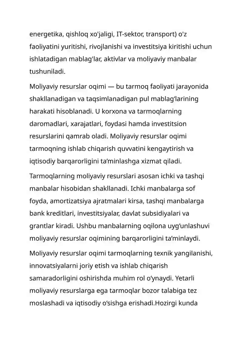 Tarmoqlarning moliyaviy resurslar oqimi va uni rivojlantirish 2