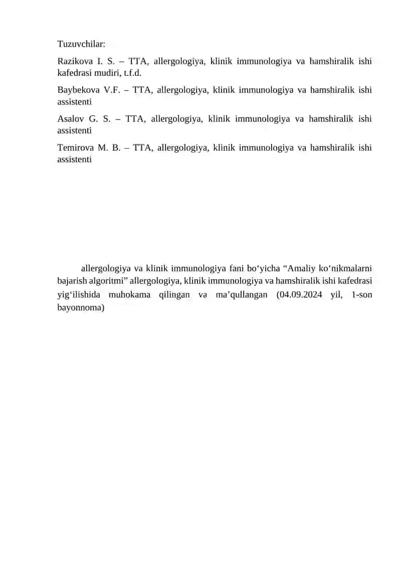 Allergologiya va klinik immunologiya fani bo'yicha "Amaliy ko'nikmalarni bajarish algoritmi" 2