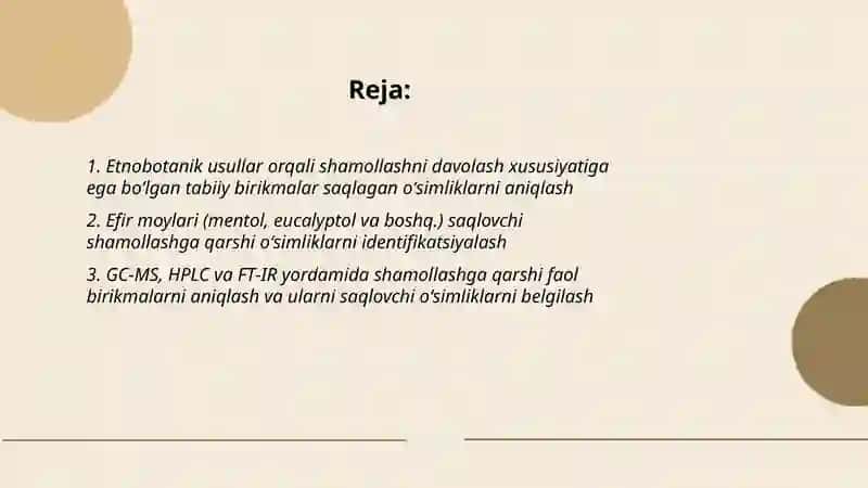 Shamollashni davolash xususiyatiga ega boʻlgan tabiiy birikmalar saqlagan oʻsimliklarni aniqlash 2