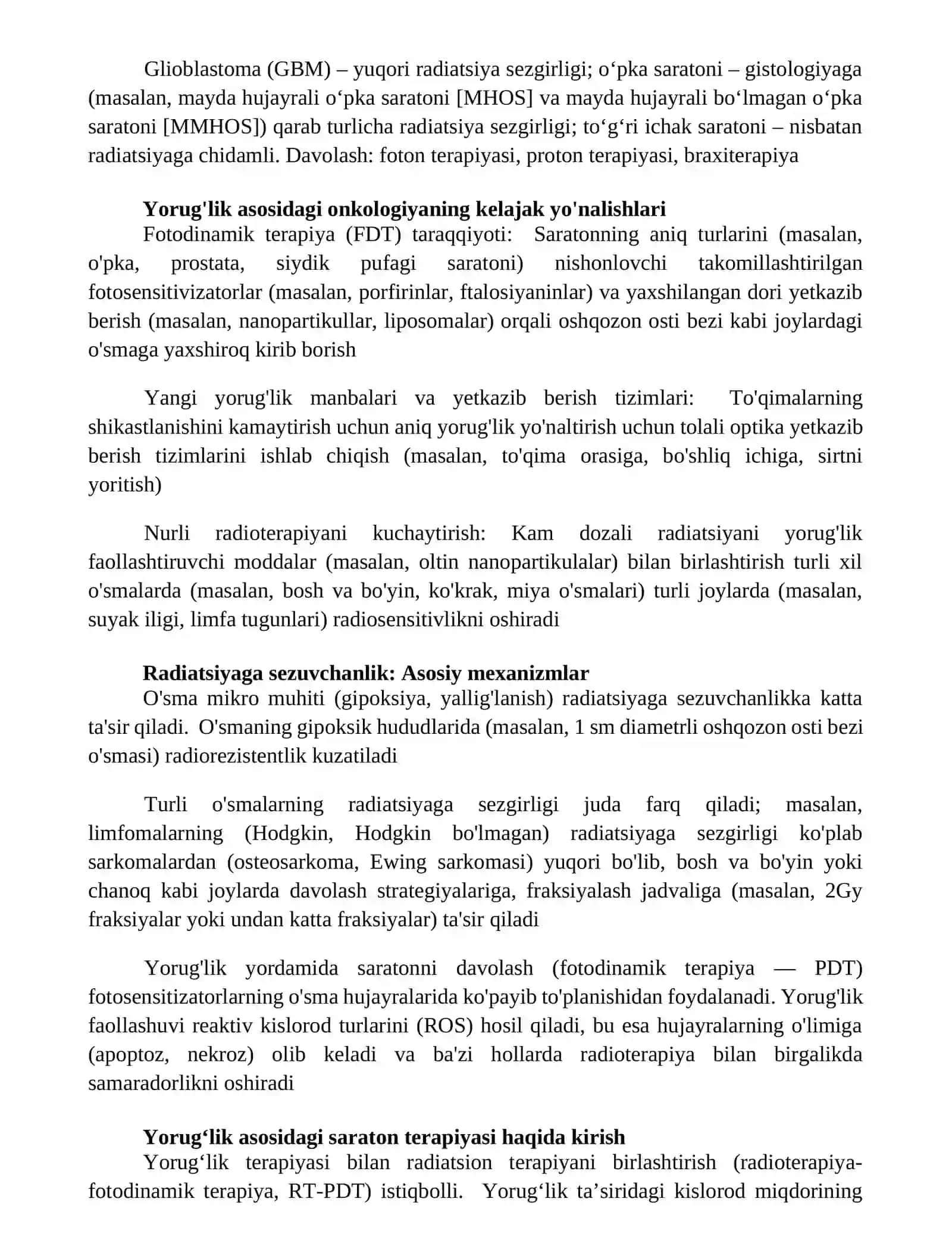 Oʻsmani nur bilan davolash.turli oʻsmalarni radiosezgirligi 2