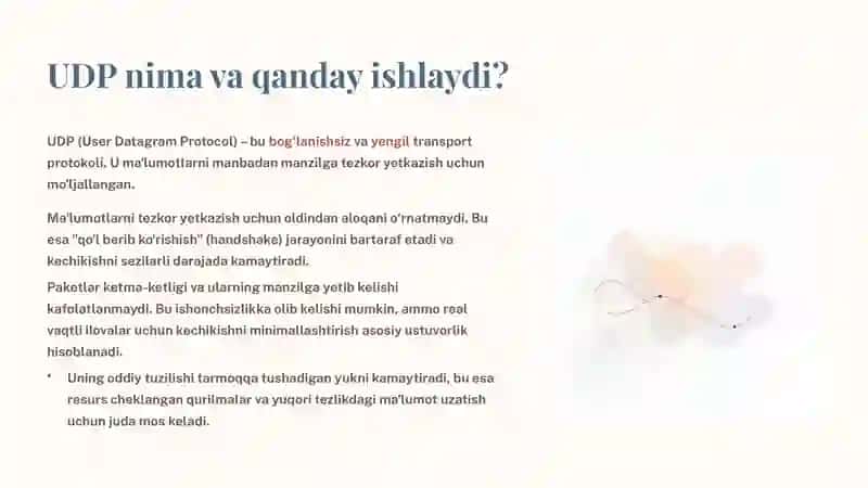 UDP Protokolining Yengil va Real Vaqtli Ilovalardagi Afzalliklari 2