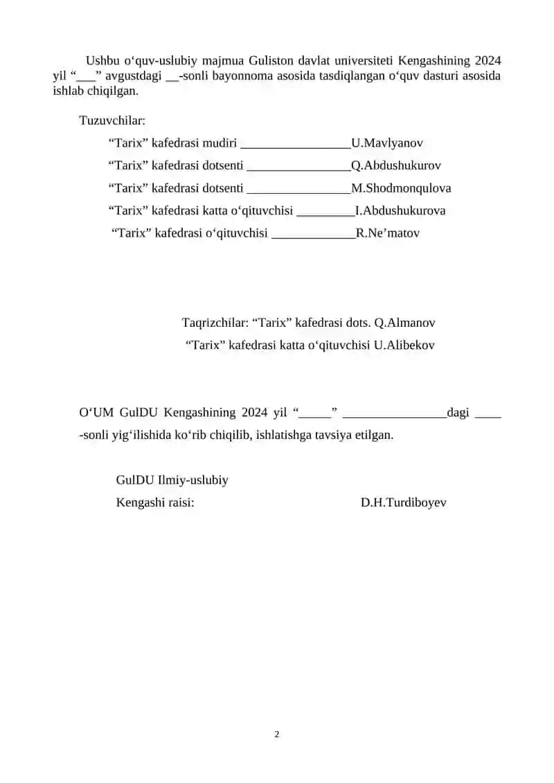 Oʻzbekistonning eng yangi tarixi fanidan oʻquv-uslubiy majmua 2