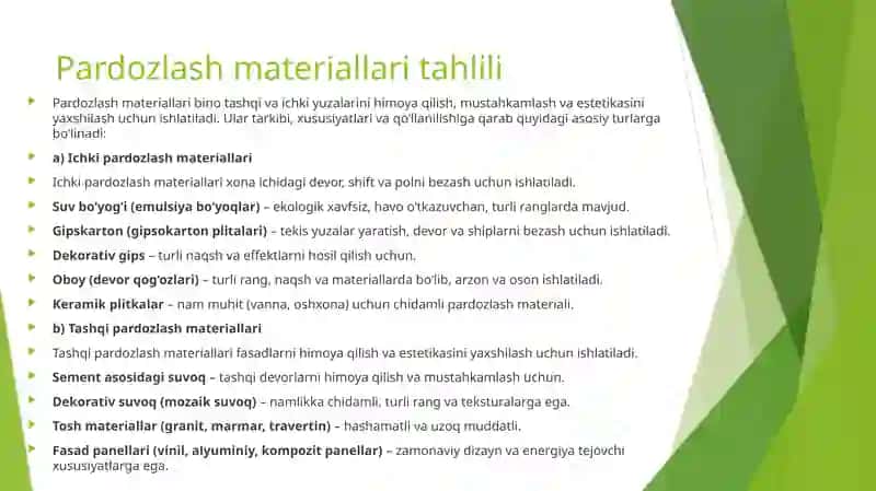 Pardozlash va issiqlik izolyatsiyasi materialining tahlili 2