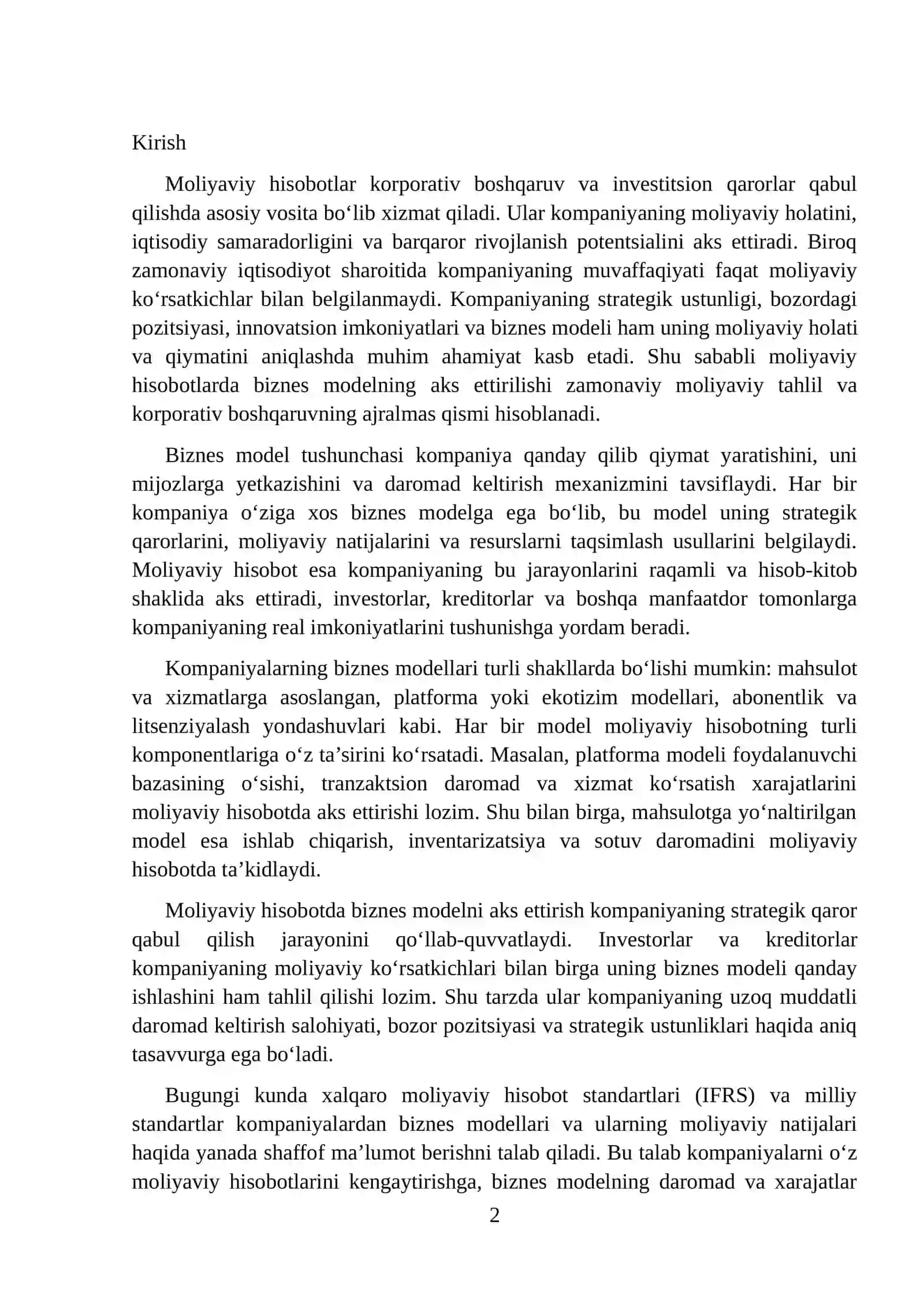 Moliyaviy hisobotda biznes modellarning aks ettirilishi 2