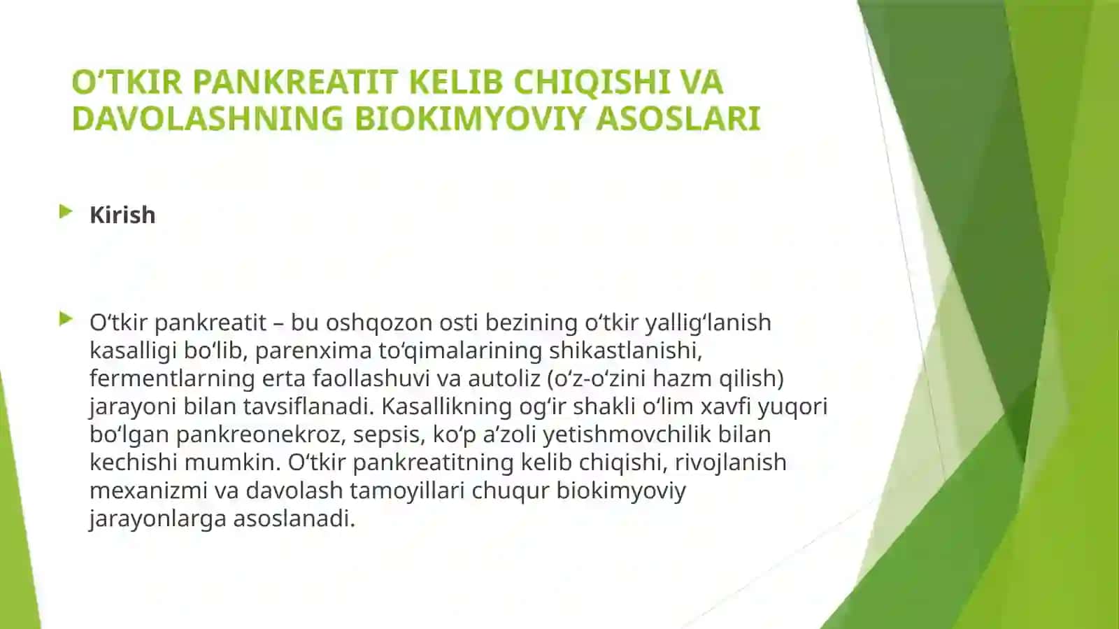 O‘TKIRPANKREATIT KELIB CHIQISHI VA DAVOLASHNING BIOKIMYOVIY ASOSLARI 2