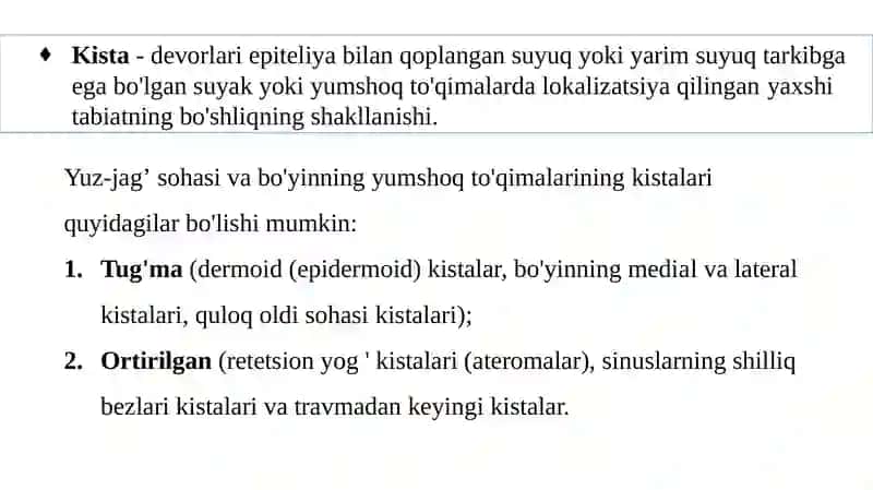 Tug‘ma kistalar (Epidermoid va dermoid kistalar) 2