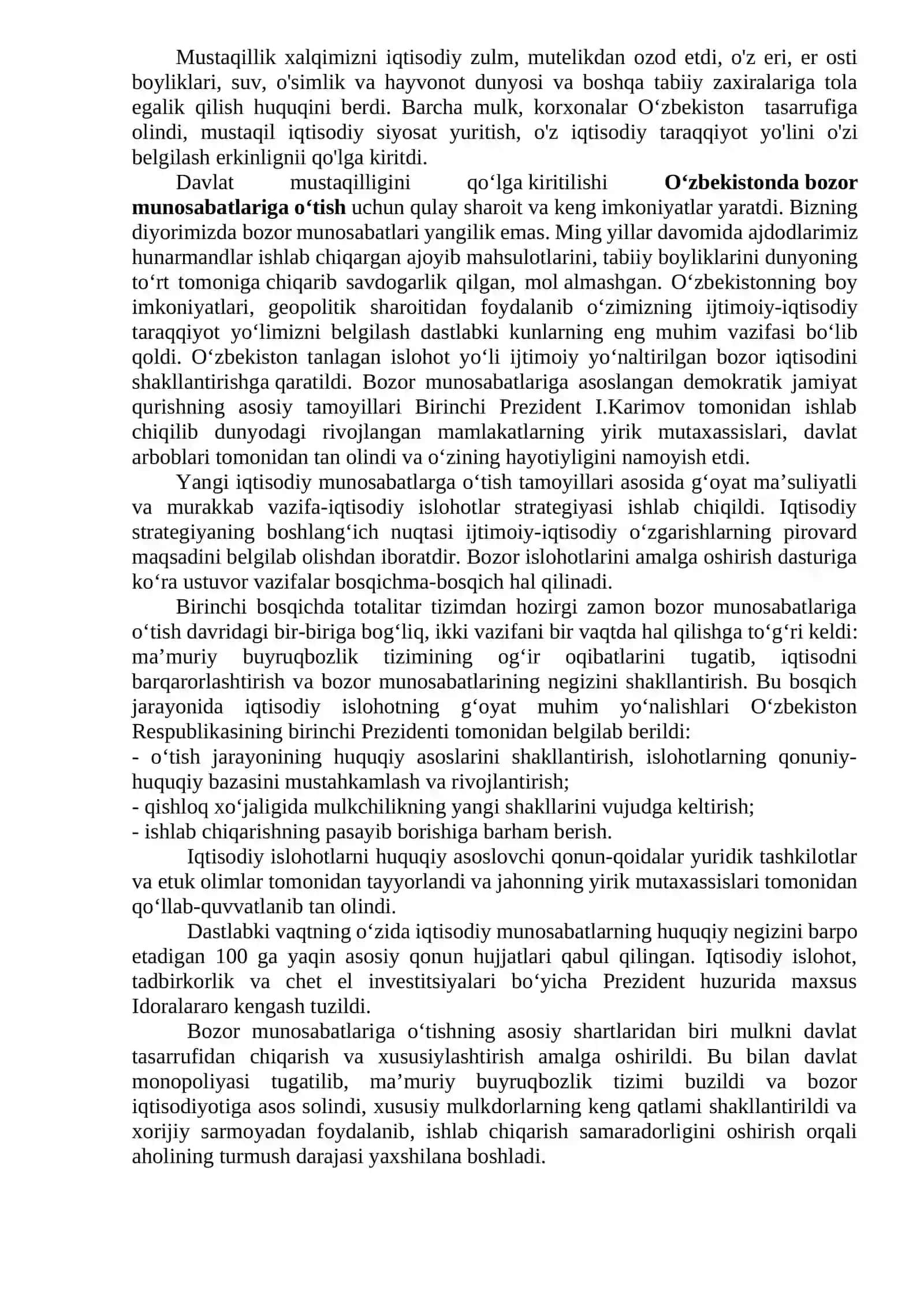 O’zbekistonda iqtisodiy islohotlarning amalga oshirilishi, bozor munosabatlarining shakllanishi 2